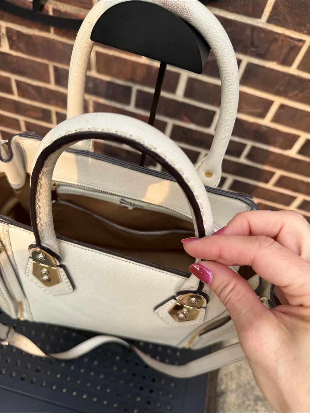 Henri Bendel West 57th Cream Saffiano Leather Satchel Crossbody Bag